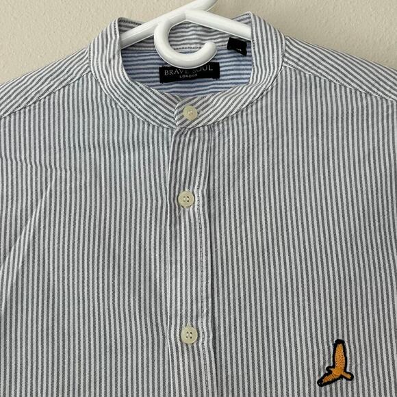 Brave Soul London band collar striped short sleeve button up preppy gray S​ - Picture 2 of 10